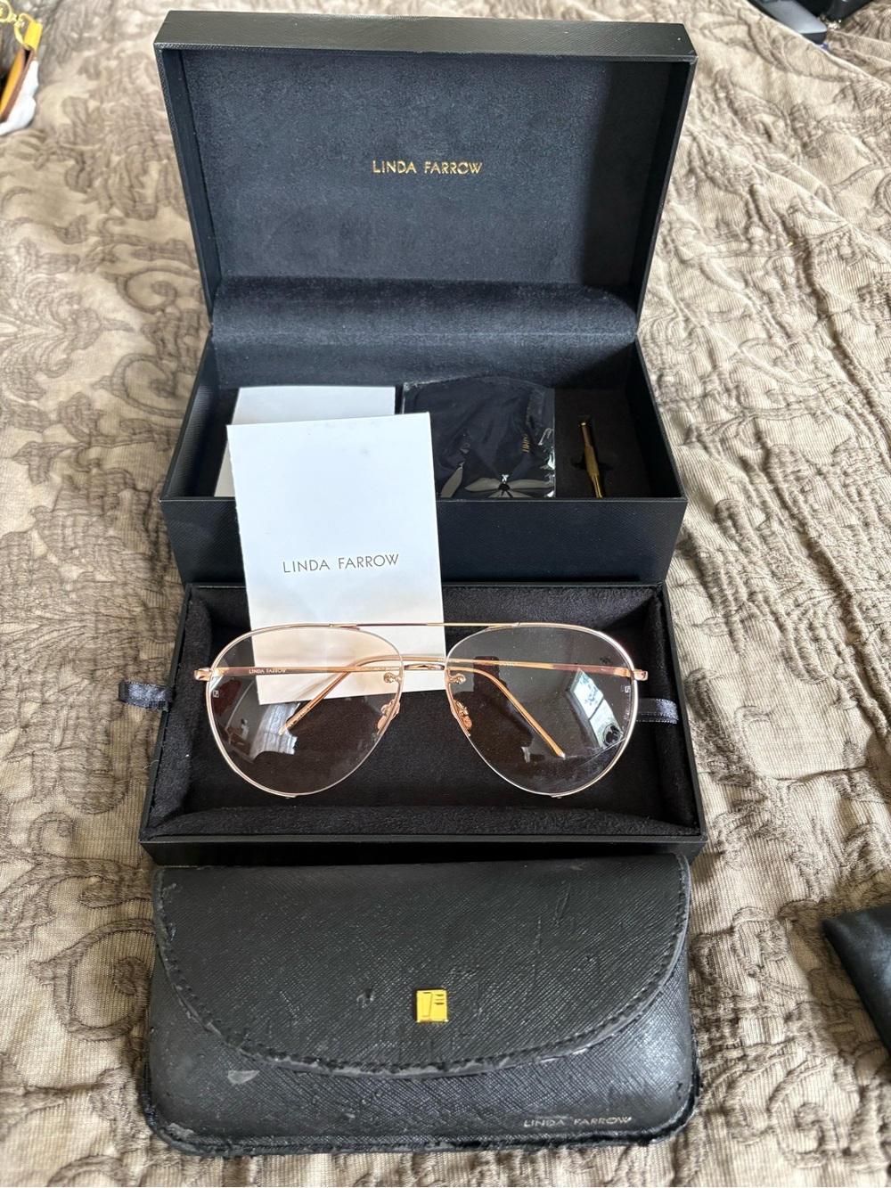 Authentic Linda Farrow 18kt Rose Gold Rim Aviator Sunglasses with Clear Lenses.